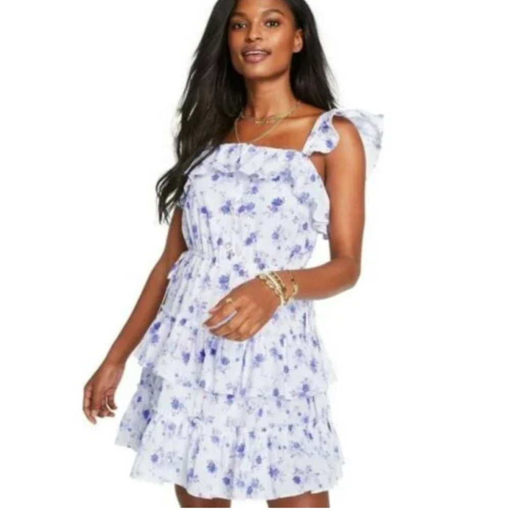 LoveShackFancy White and Blue Floral Mini Dress